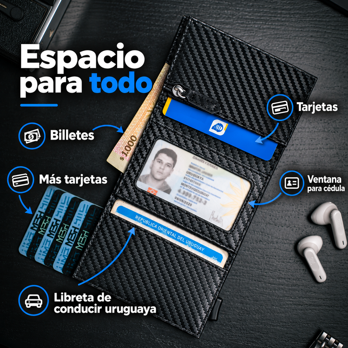 Billetera/ Tarjetero Deluxe - Negro Fibra de Carbono