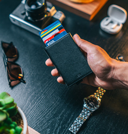 Billetera Tarjetero Premium de Cuero Genuino Color Negro